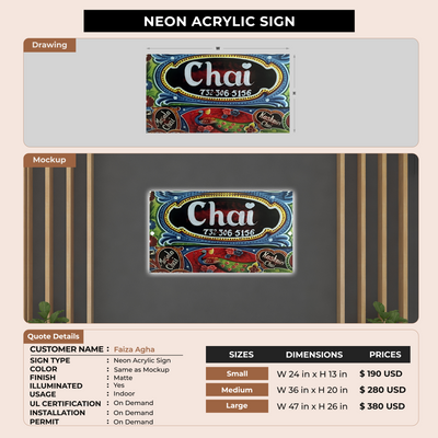 Neon Acrylic Sign For Faiza Agha