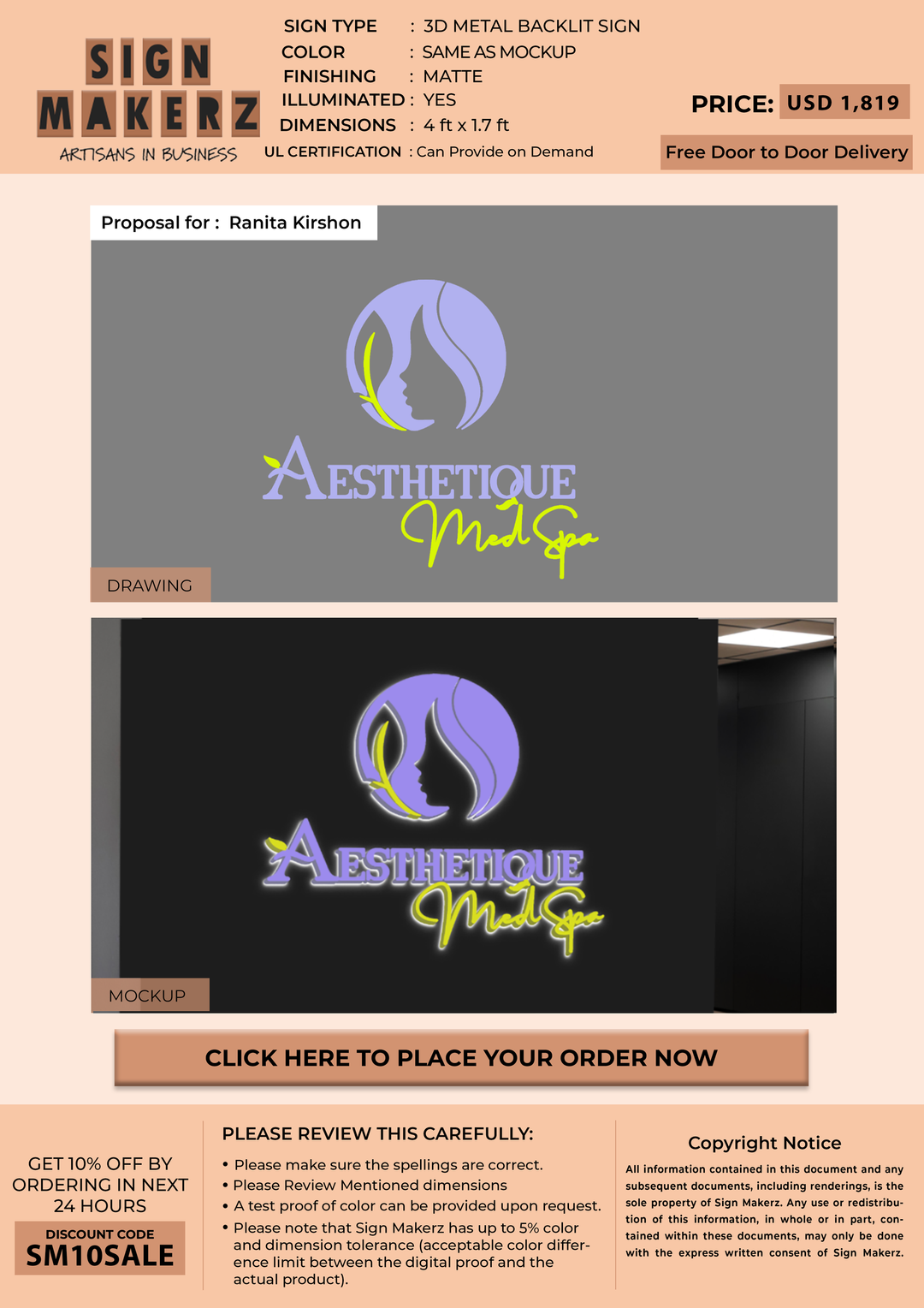 3D Metal Backlit Sign For Ranita Kirshon