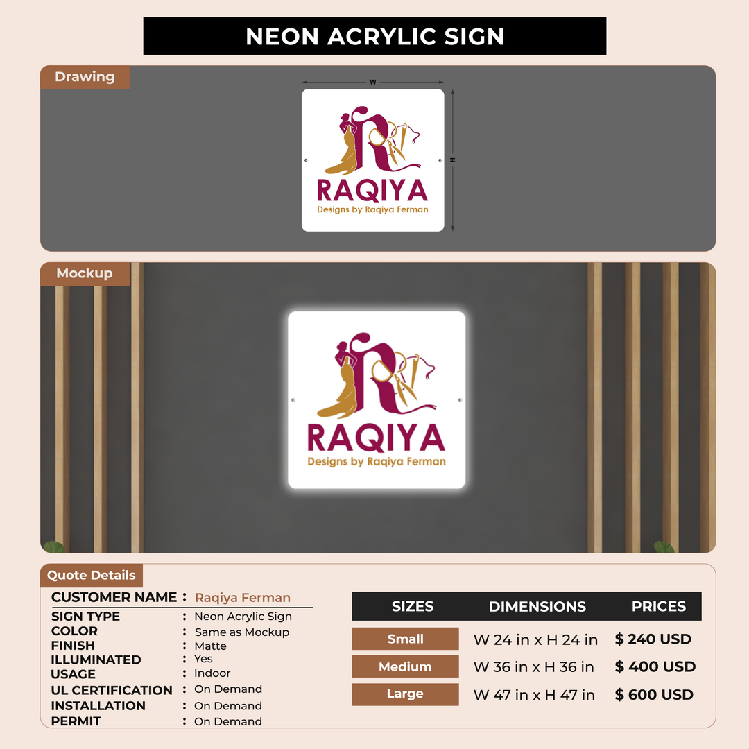 Neon Acrylic Sign for Raqiya Ferman