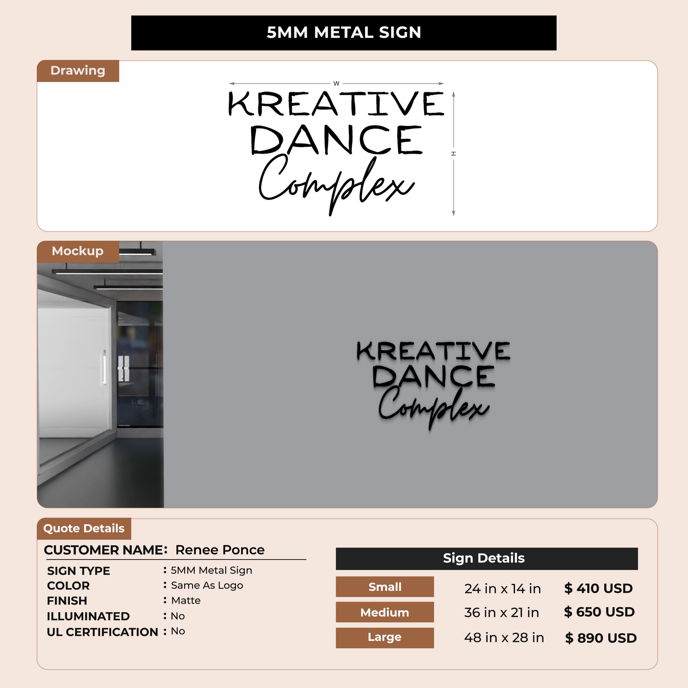 5mm metal sign for Renee Ponce
