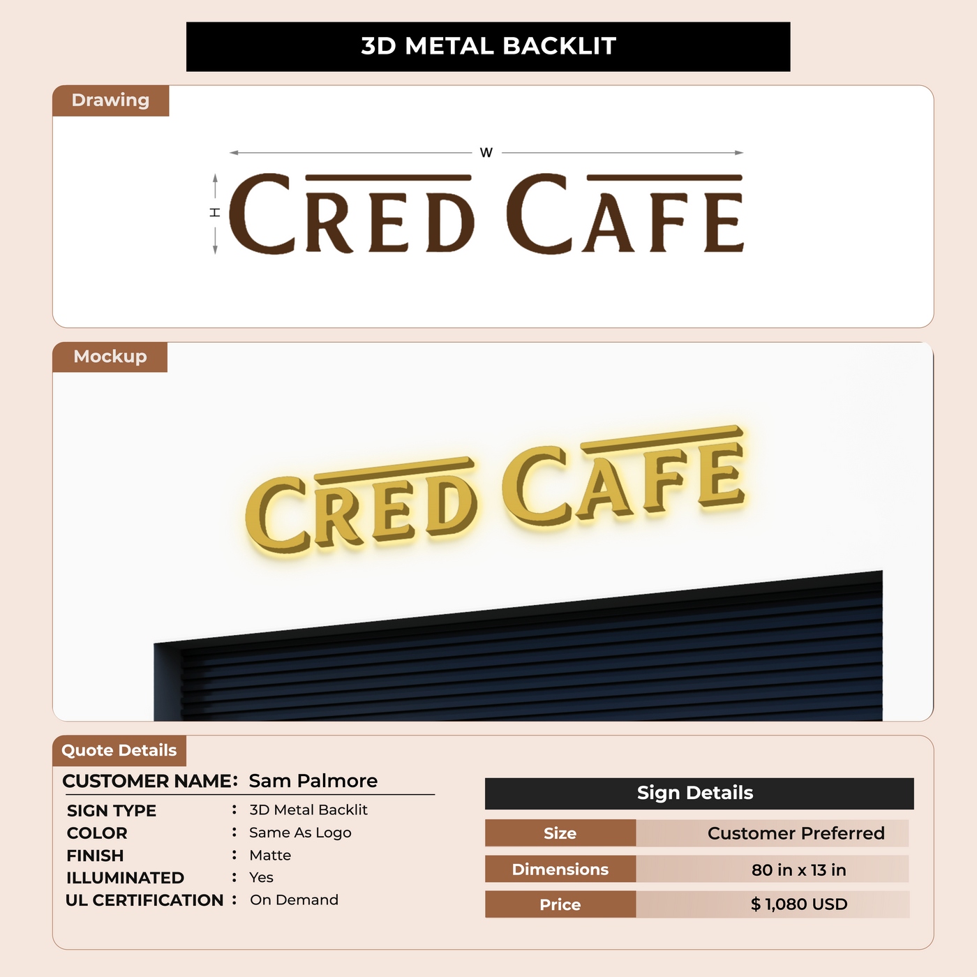 3D Metal Back-lit Signs For Sam Palmore