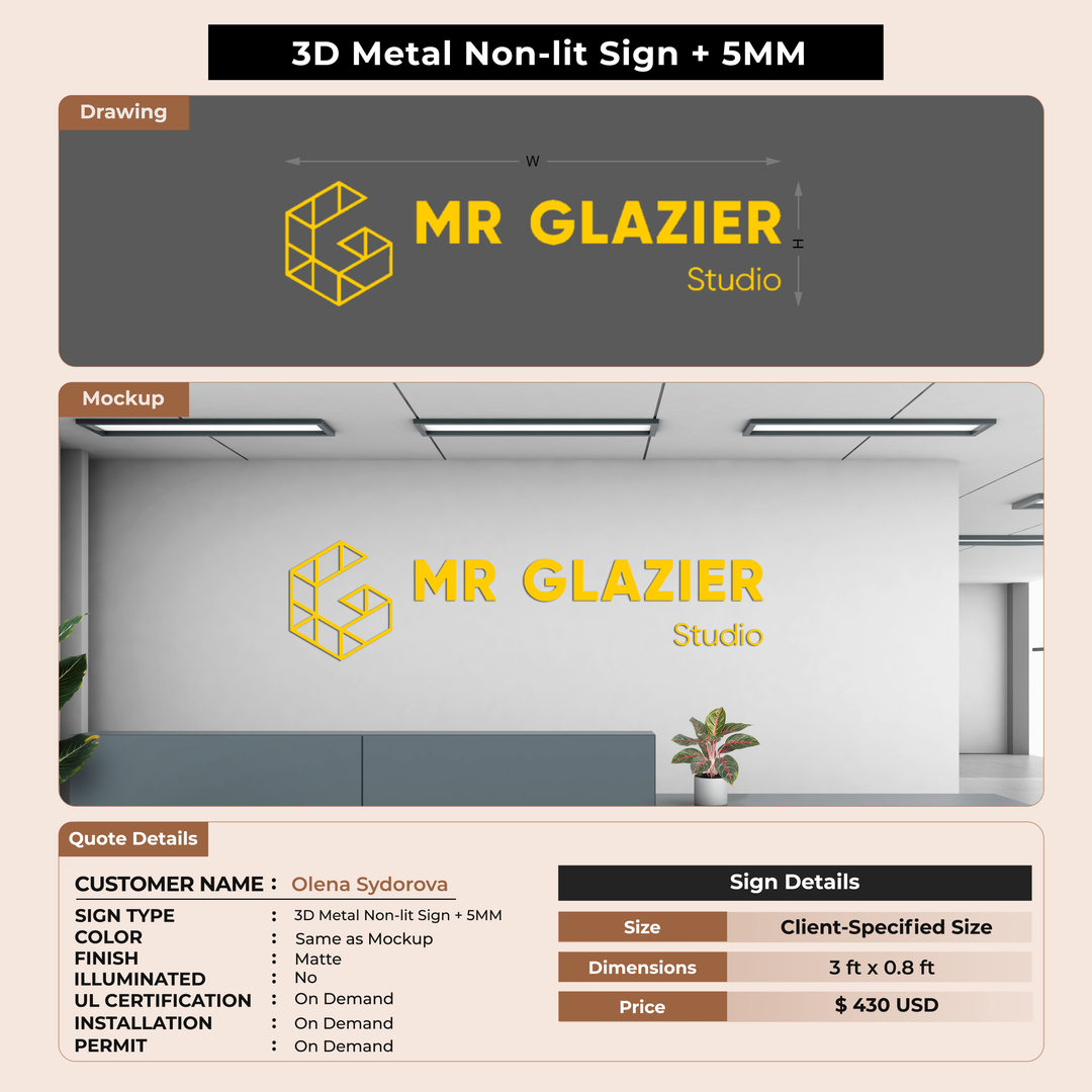 3D Metal Non-lit Sign For Olena Sydorova