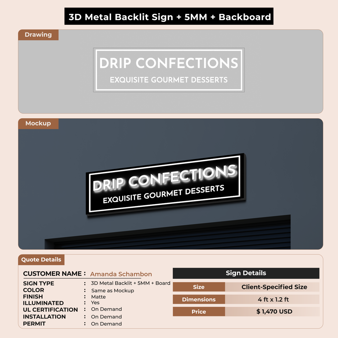 3D Metal Back-lit Sign with Backboard For Amanda Schambon