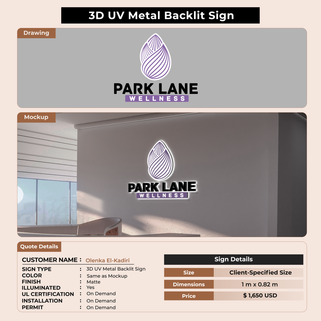 3D UV Metal Backlit sign for Olenka El-Kadiri