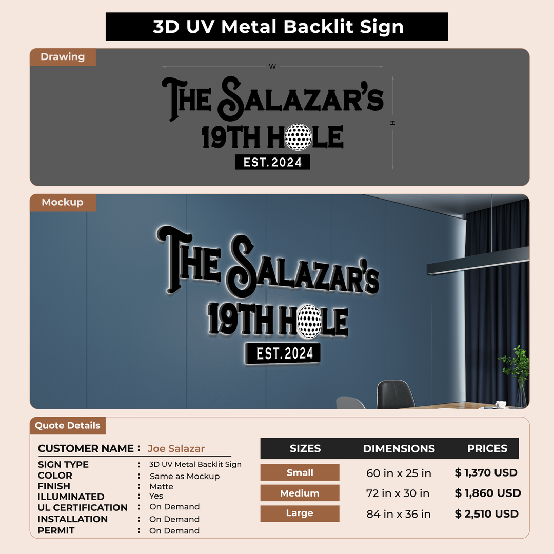 3D UV Metal Back-lit Sign For Joe Salazar