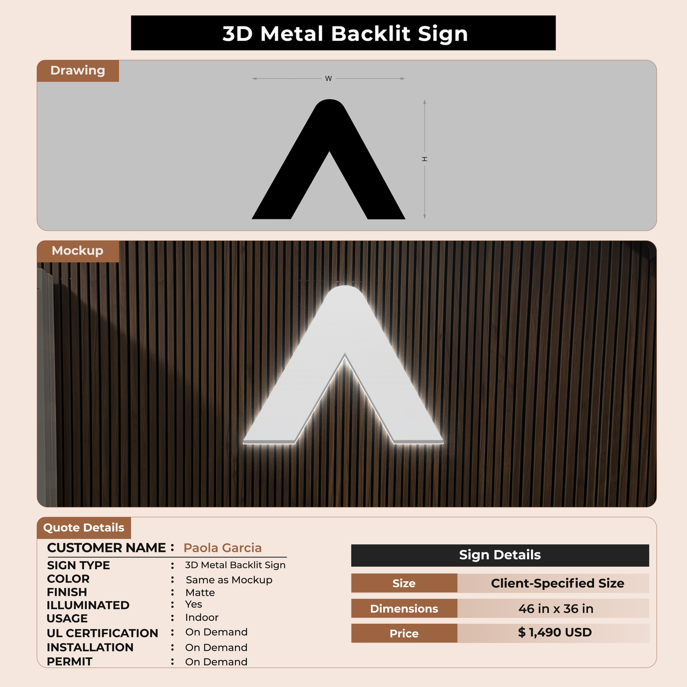 3D Metal Back-lit Sign For Paola Garcia