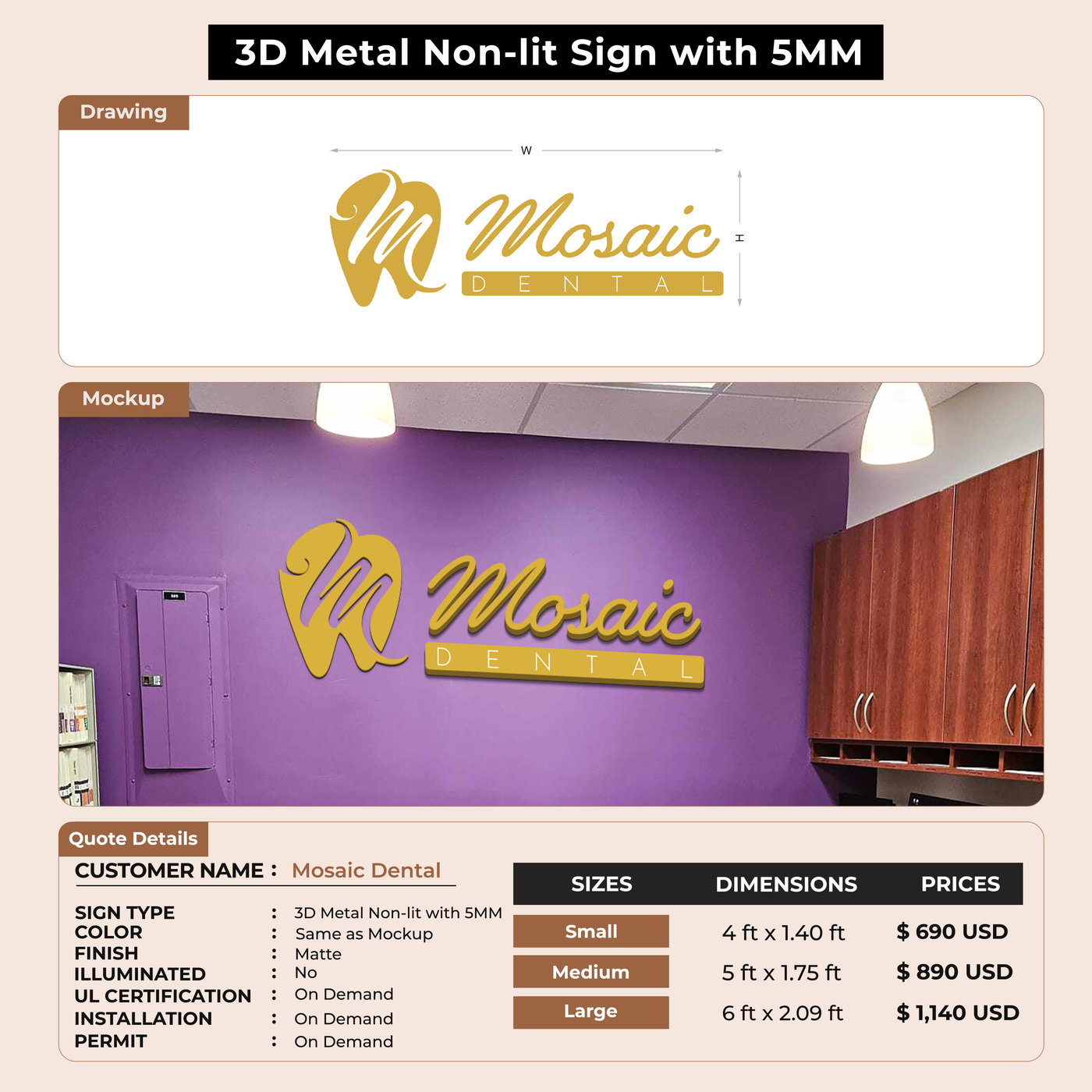 3D Metal Non-lit Sign With 5mm For Mosaic Dental