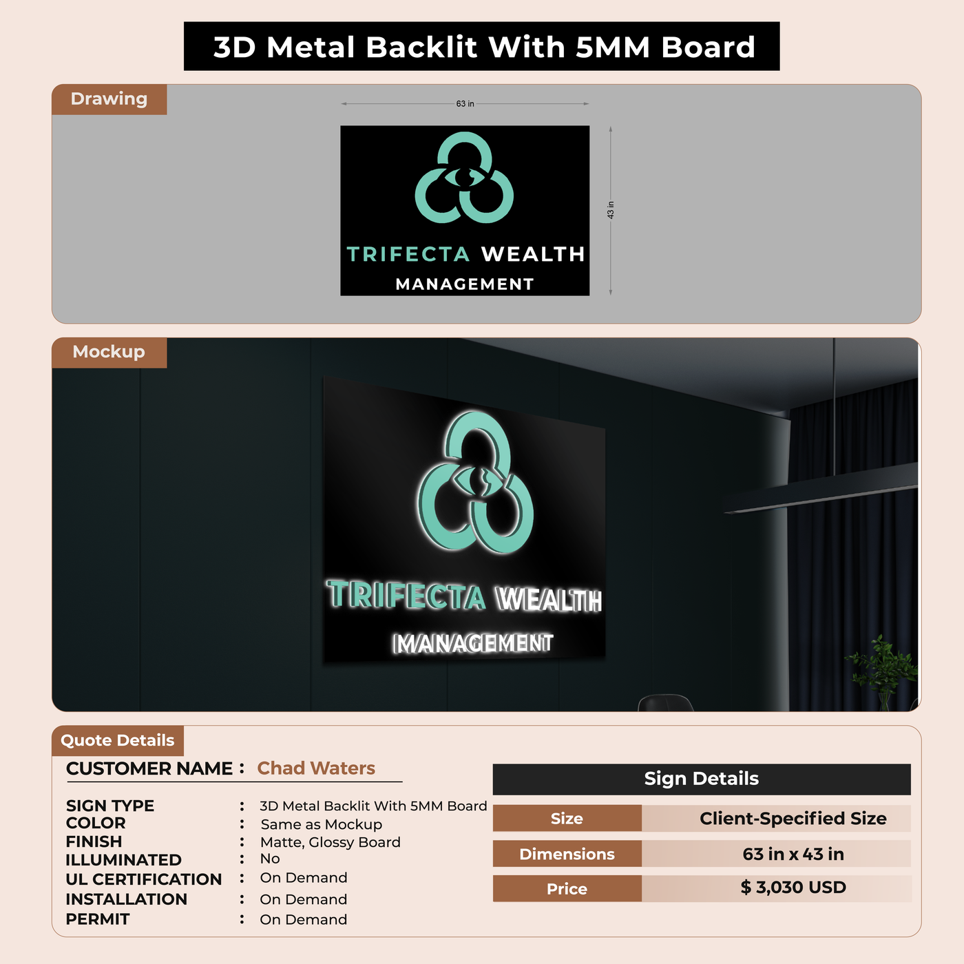 3D Metal Back-lit With 5MM Backboard SIgn For Chad Waters