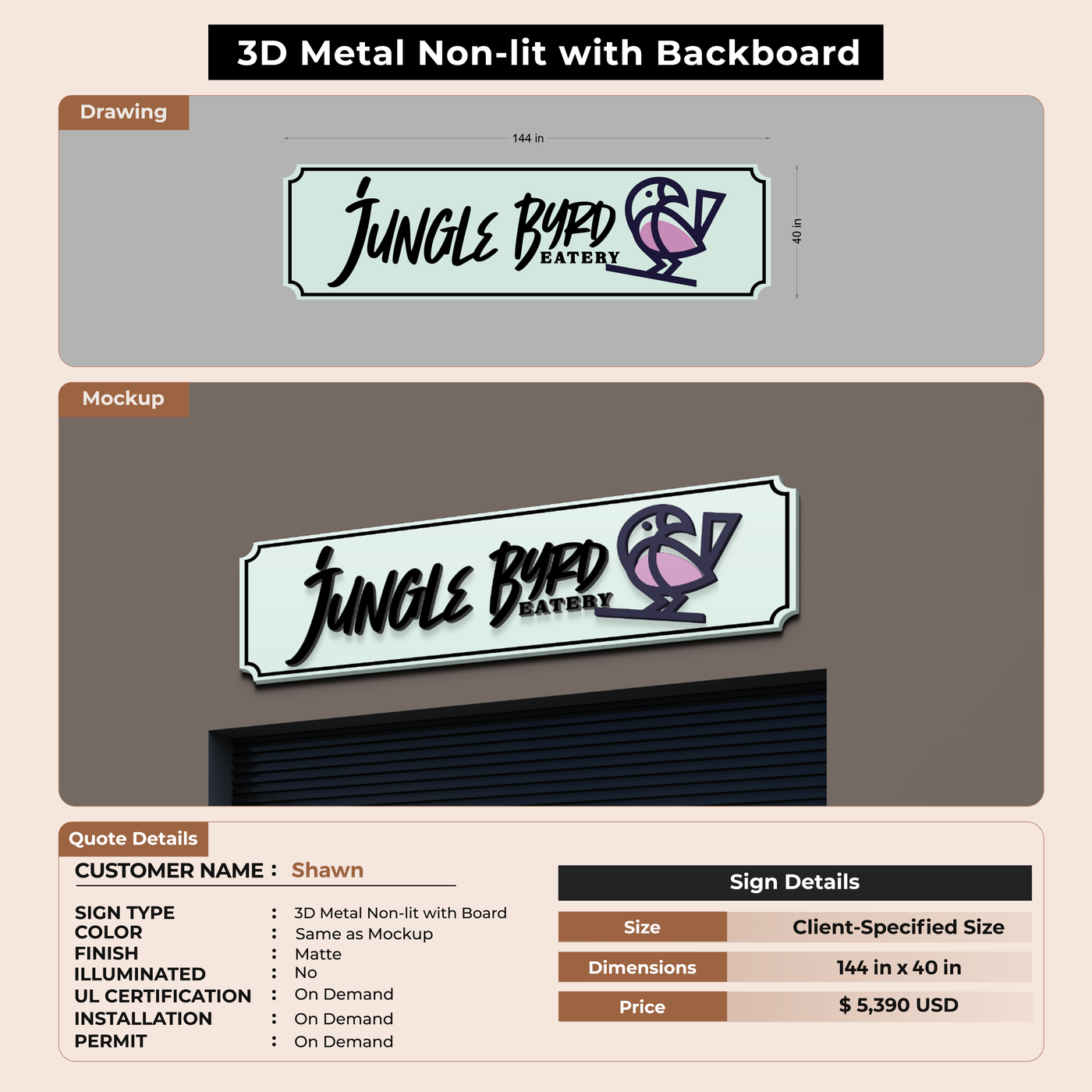 3D Metal Non-Lit Sign with Backboard for Shawn