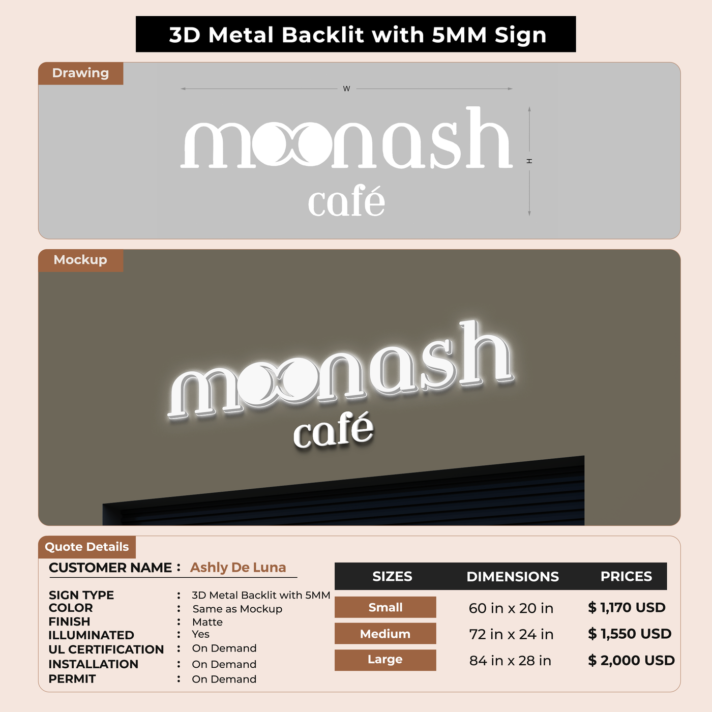 3D Metal Back-lit Sign With 5mm For Ashly De Luna