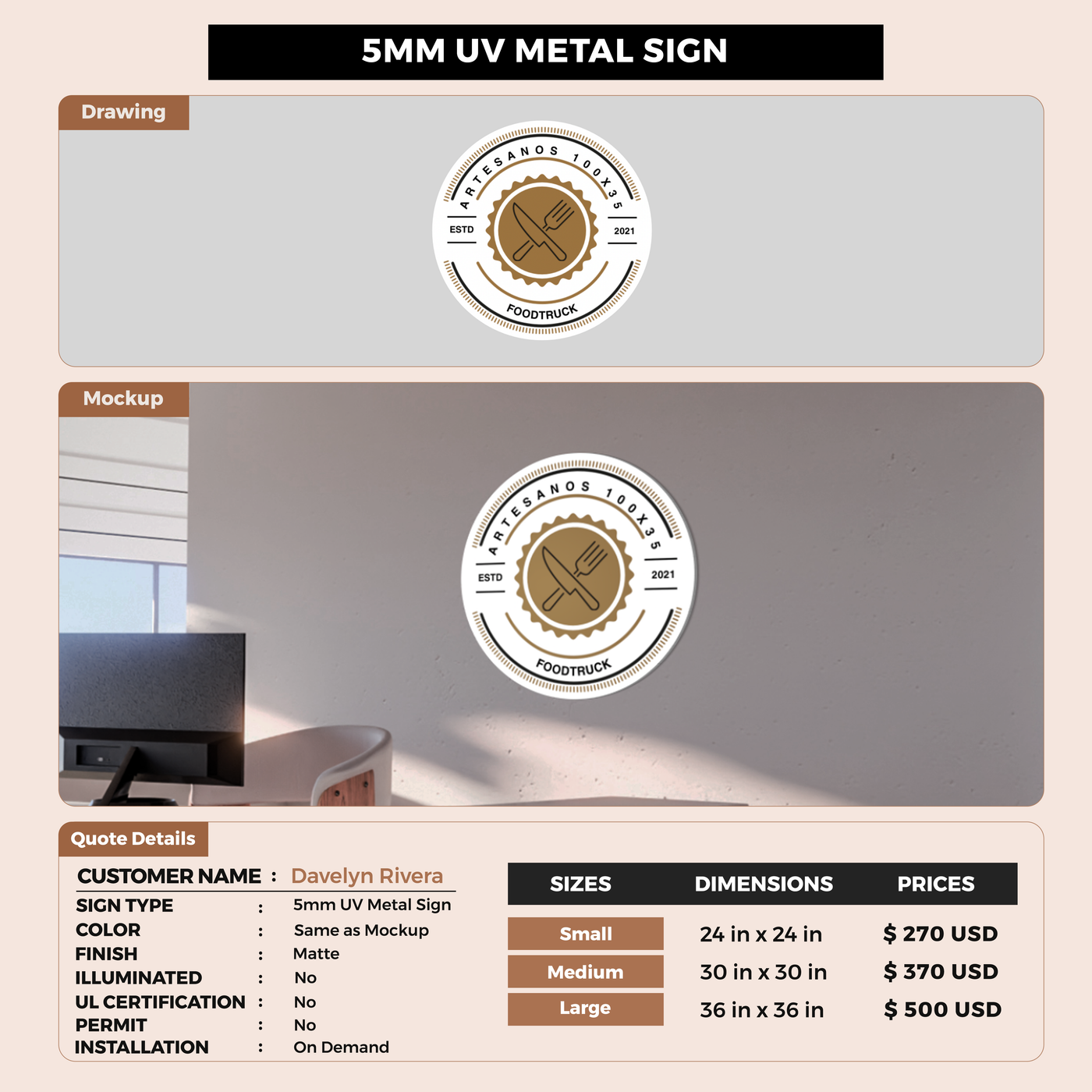 5mm UV metal sign for Davelyn Rivera