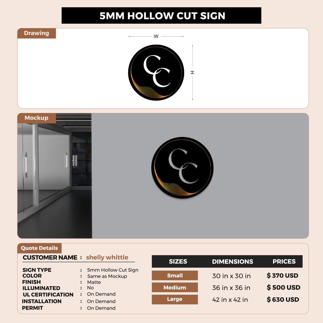 5mm metal hollowcut sign for shelly whittle