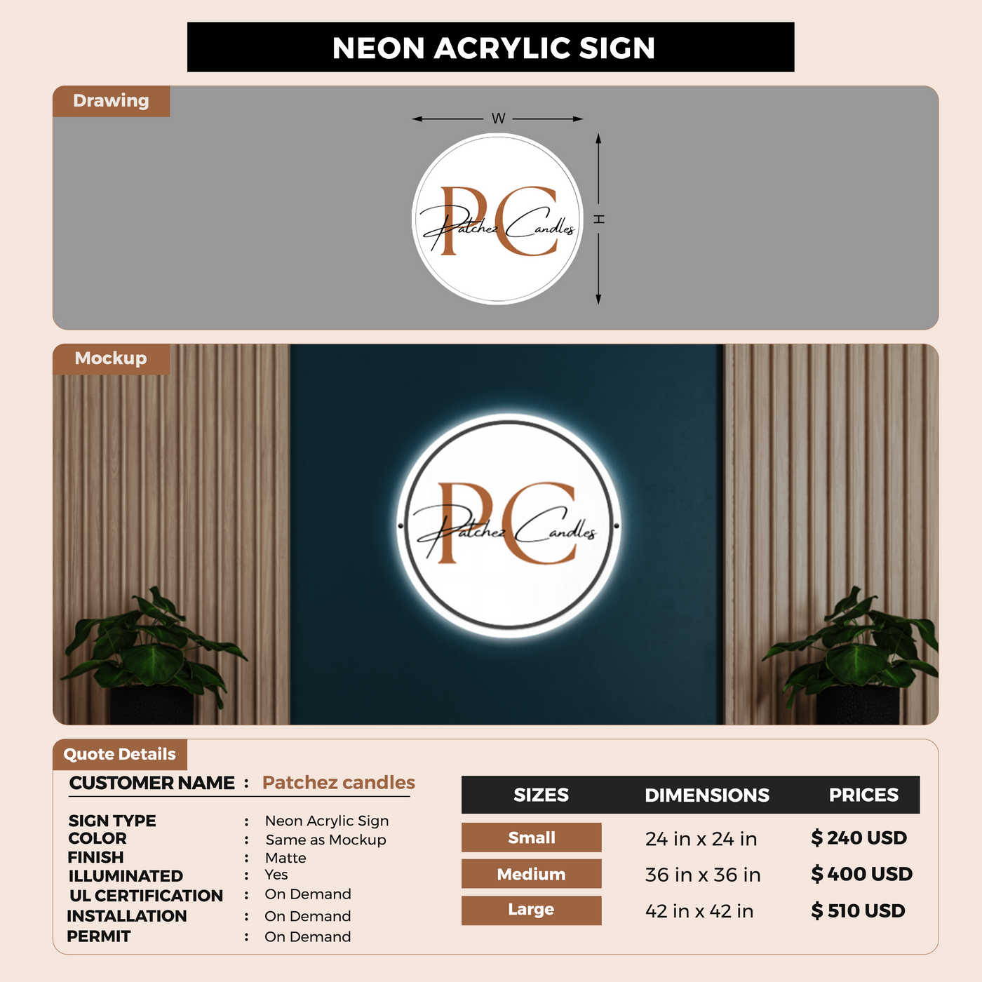 Neon Acrylic Sign for Patchez candles