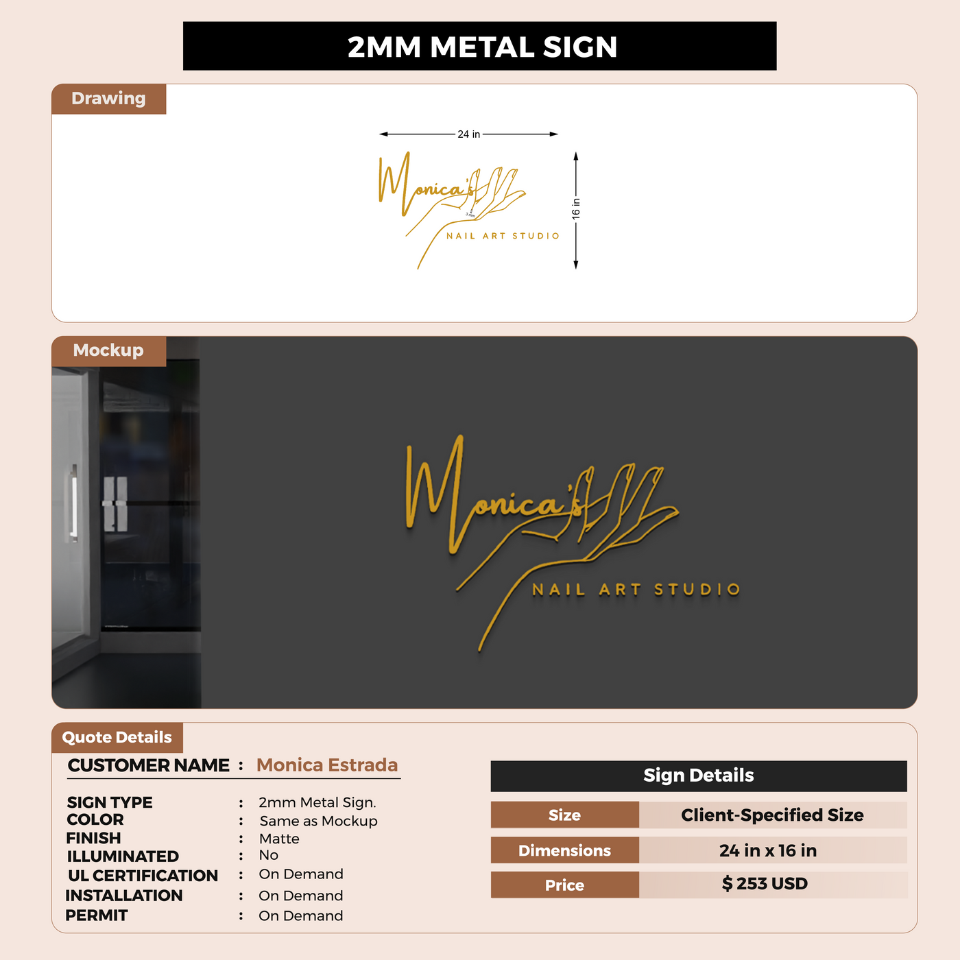 5MM Metal Sign For Monica Estrada