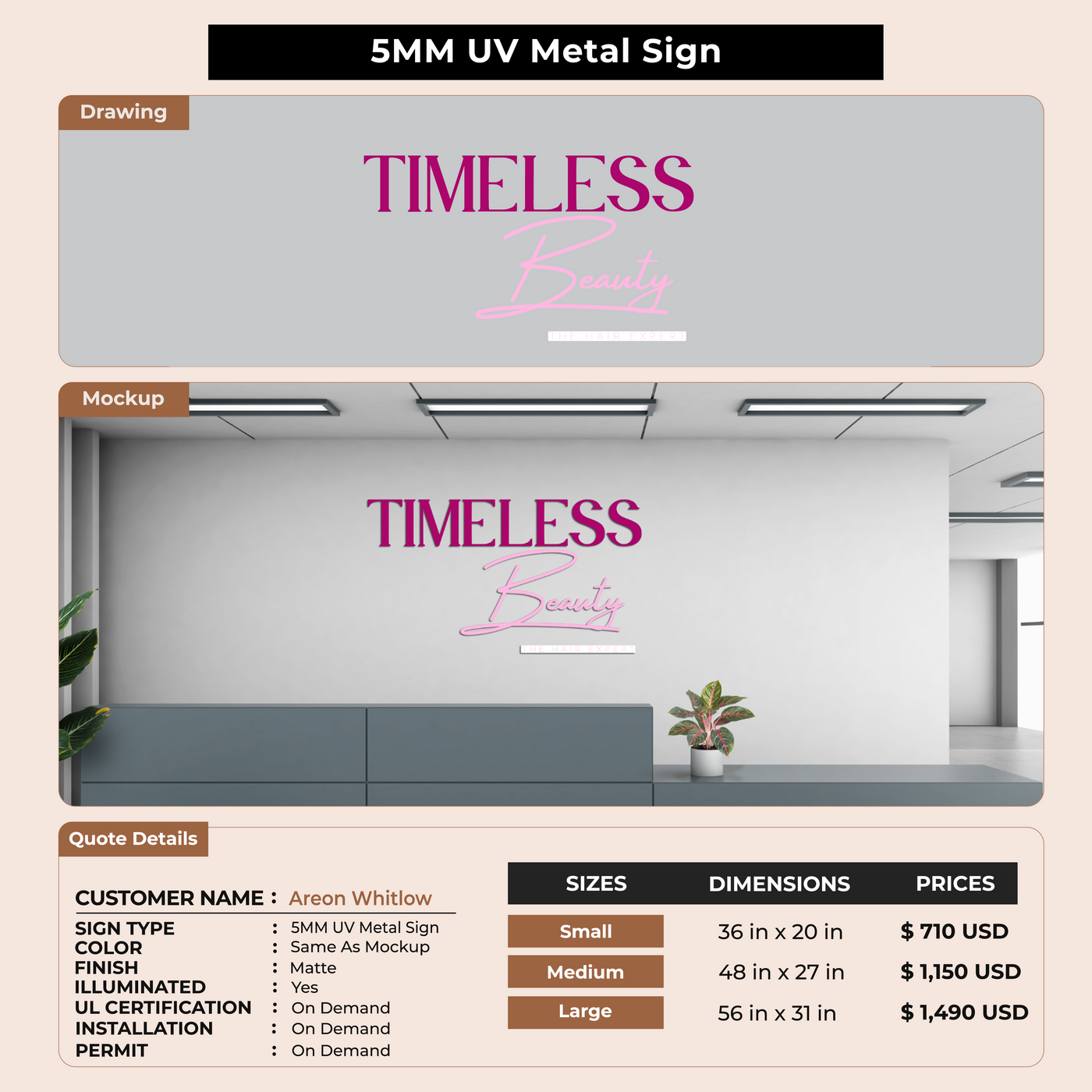 5MM UV Metal Sign for Areon Whitlow