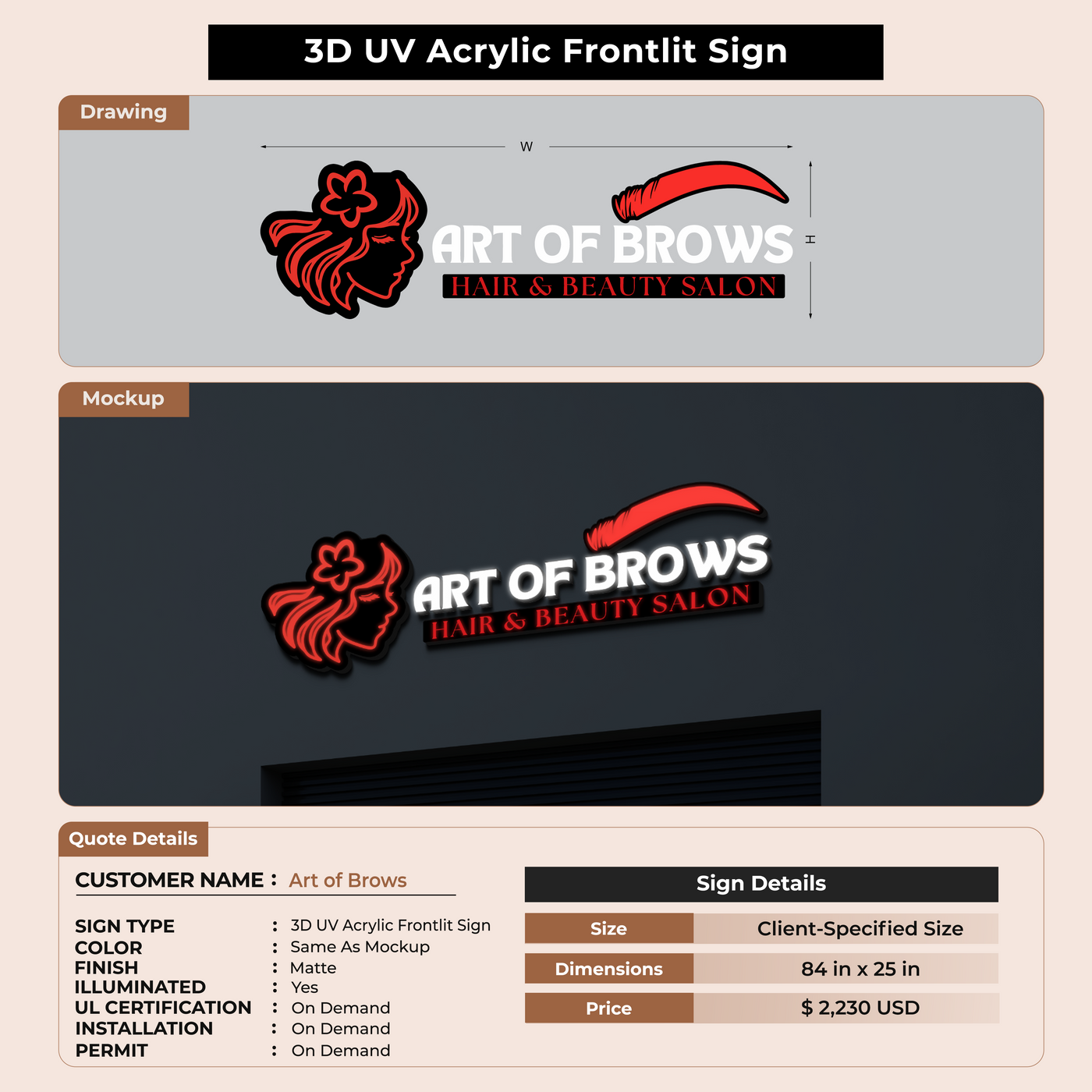 3d UV acrylic frontlit for art of brows
