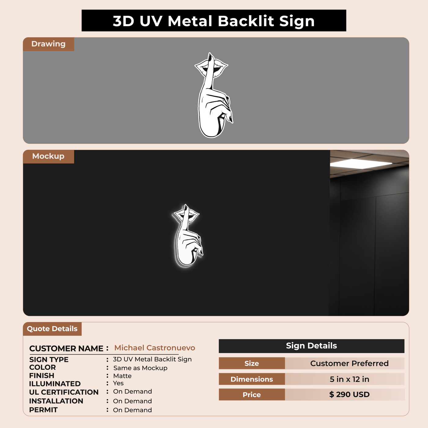 3D UV Metal Back-lit Sign For Michael Castronuevo
