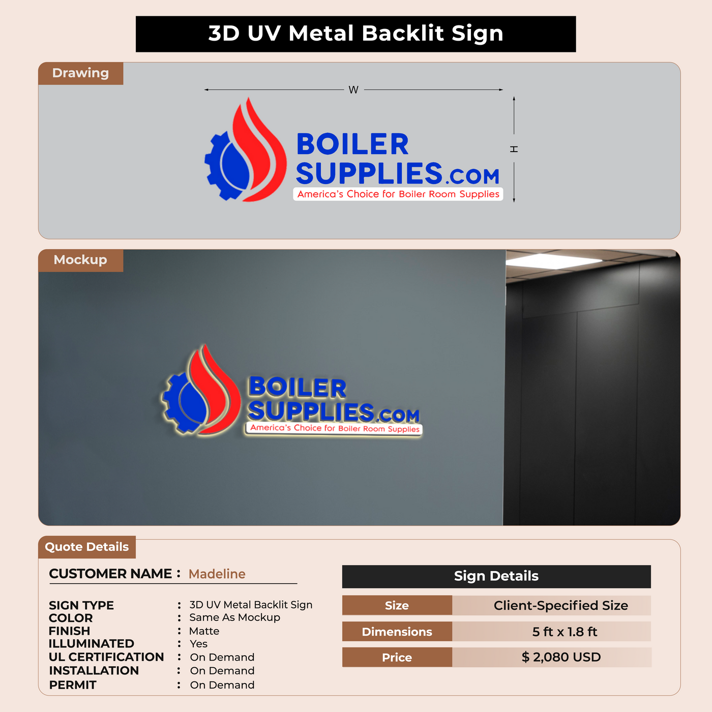 3d metal backlit signs for Madeline