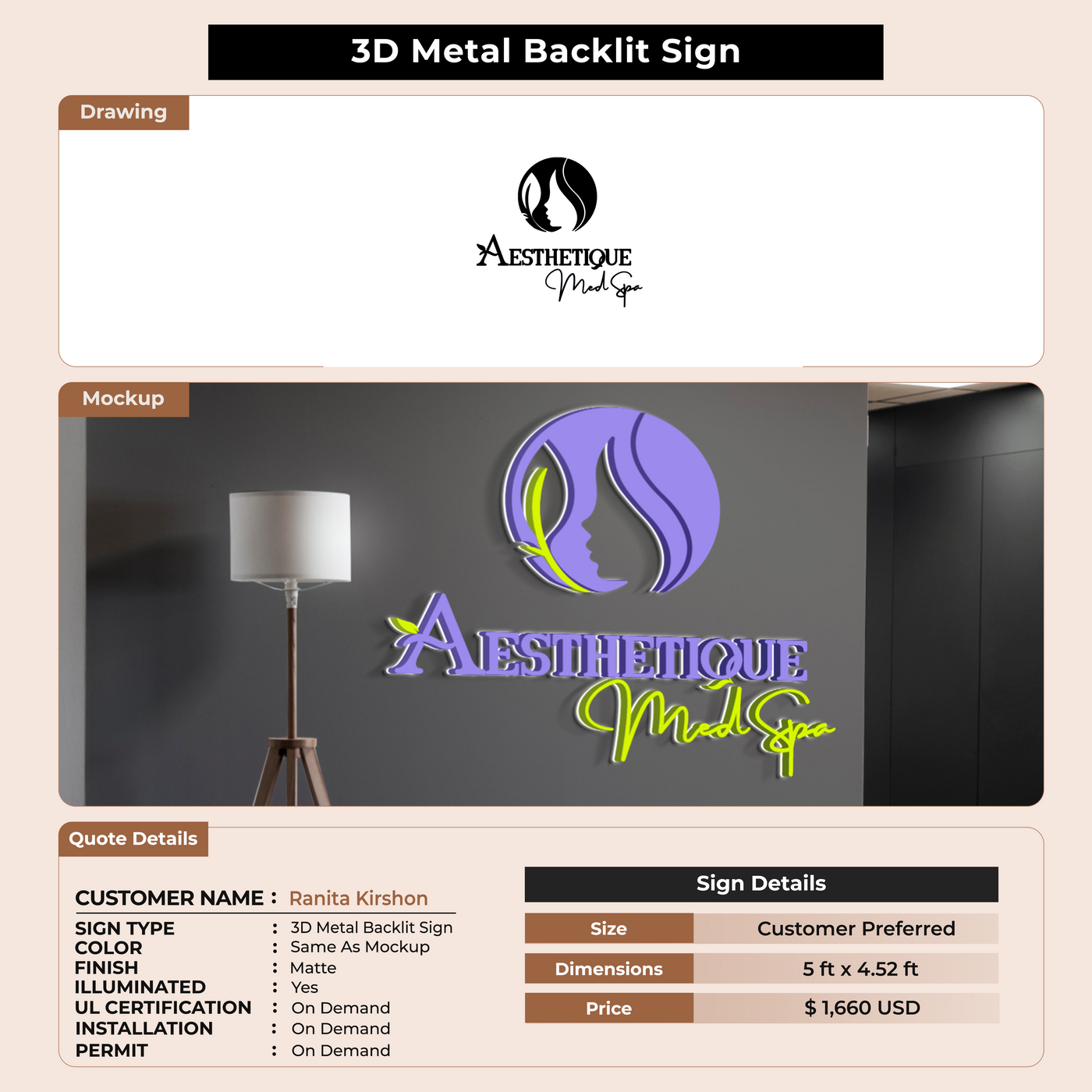 3D Metal Back-lit Sign For Ranita Kirshon