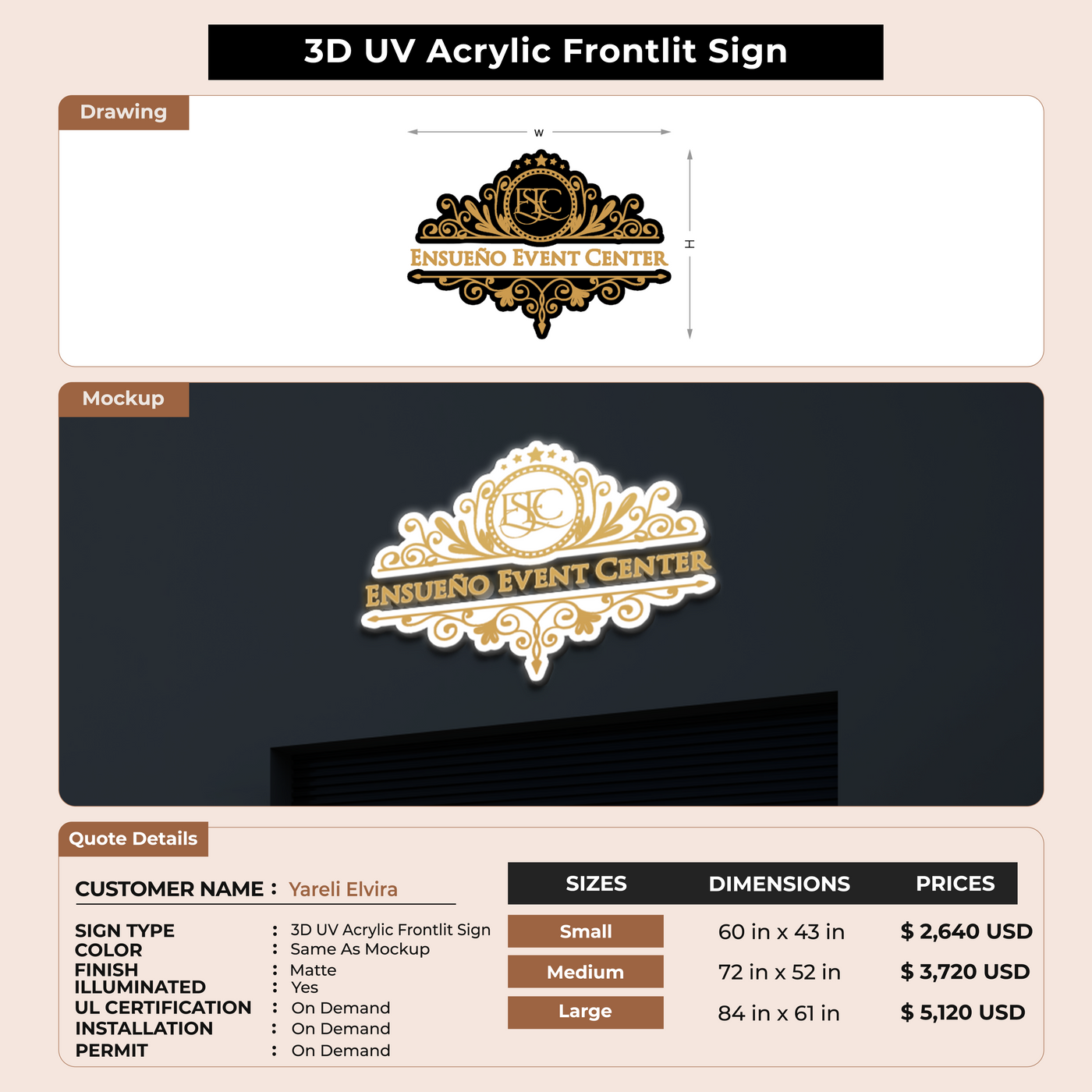3D UV Acrylic Front-lit Sign For Yareli Elvira