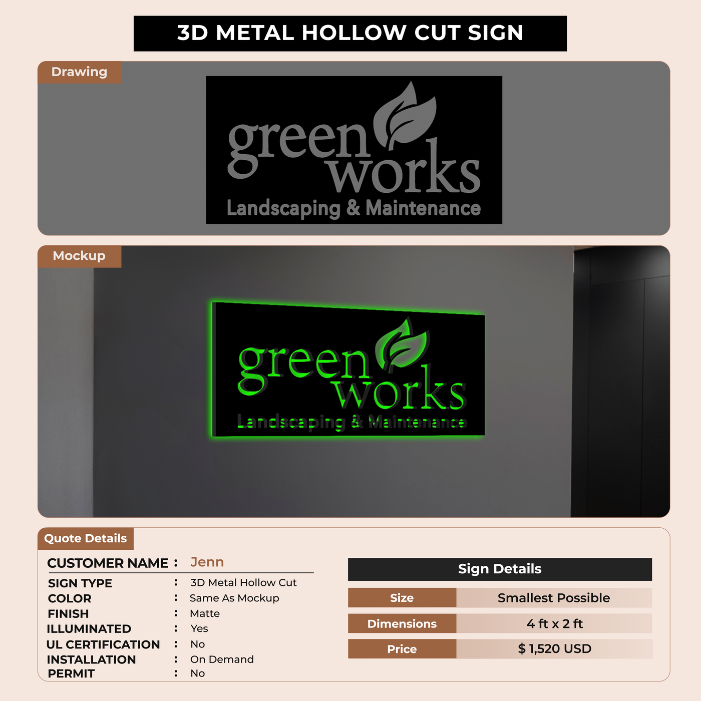 3D Metal Hollow Cut Sign for Jenn