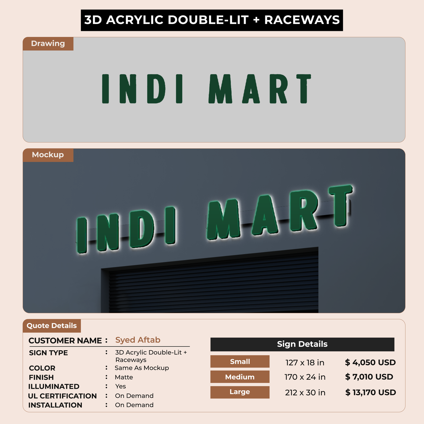 3D Acrylic Double-Lit With Raceways Sign for Syed Aftab