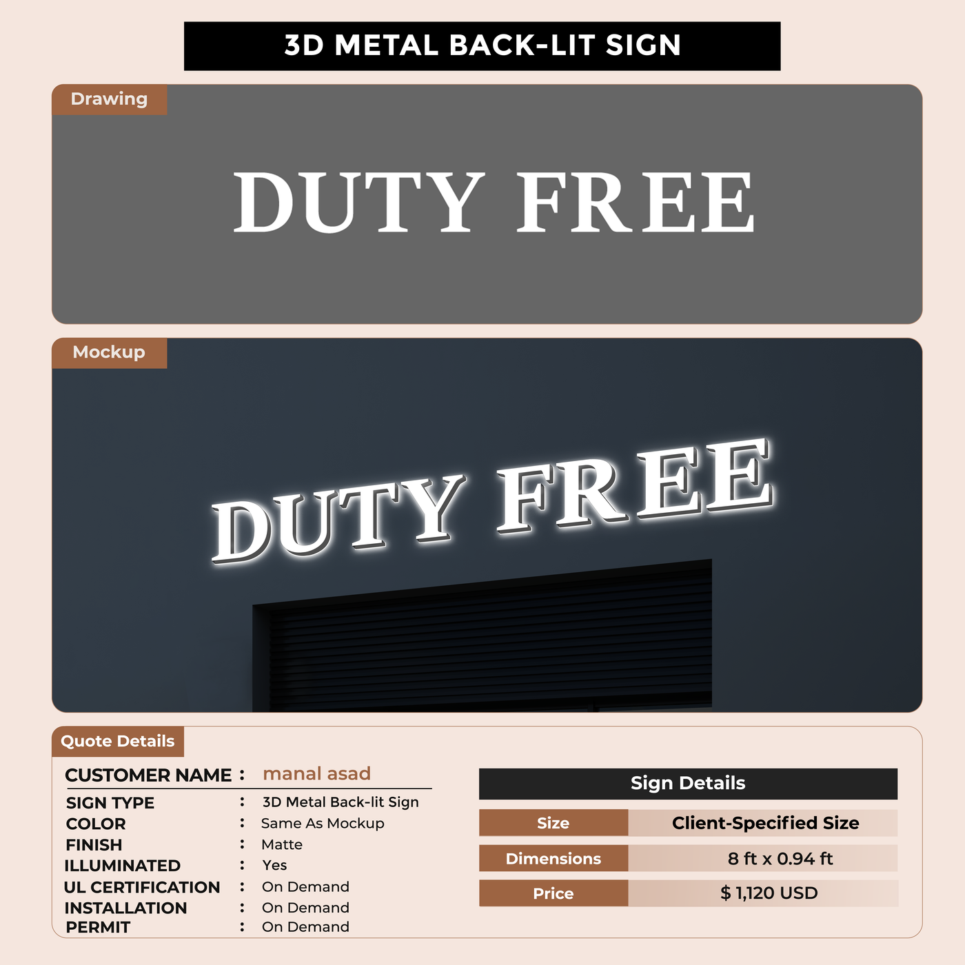 3D Metal Back-lit Sign For manal asad