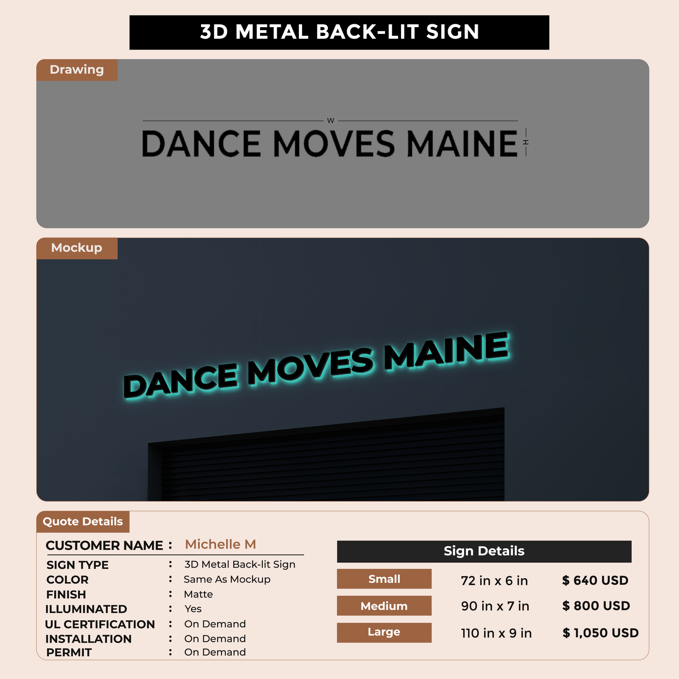 3D Metal Backlit Sign for Michelle M
