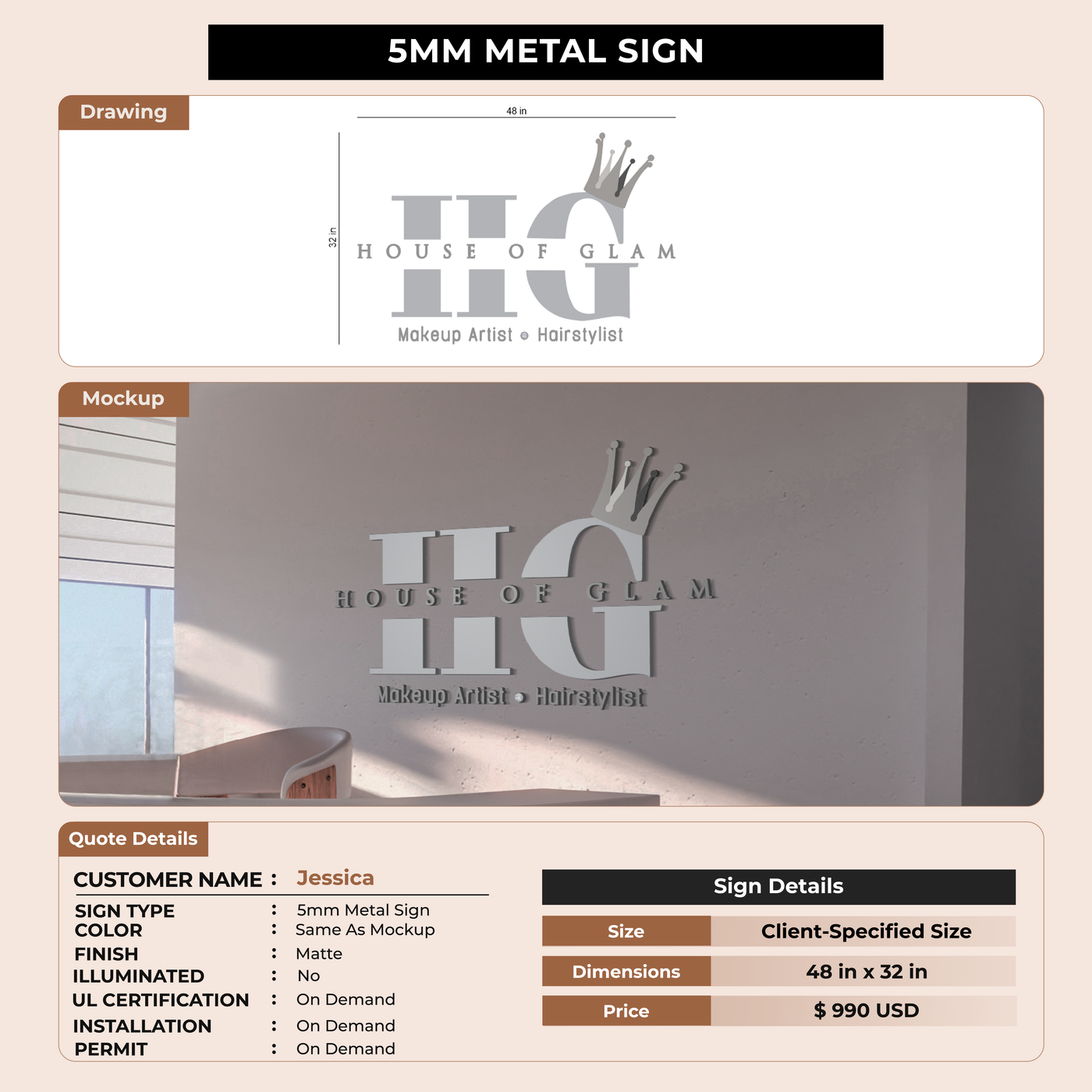 5mm metal sign for Jessica