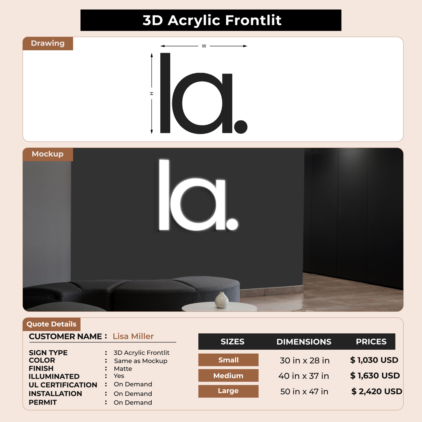 3d acrylic frontlit for Lisa Miller