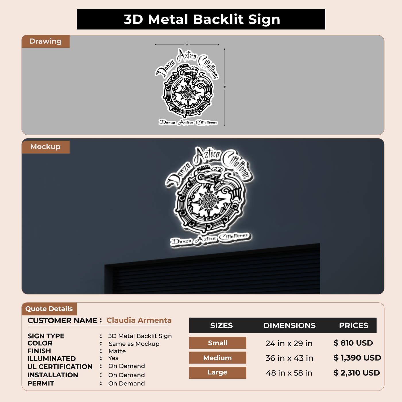 3D Metal Back-lit Sign For Claudia Armenta
