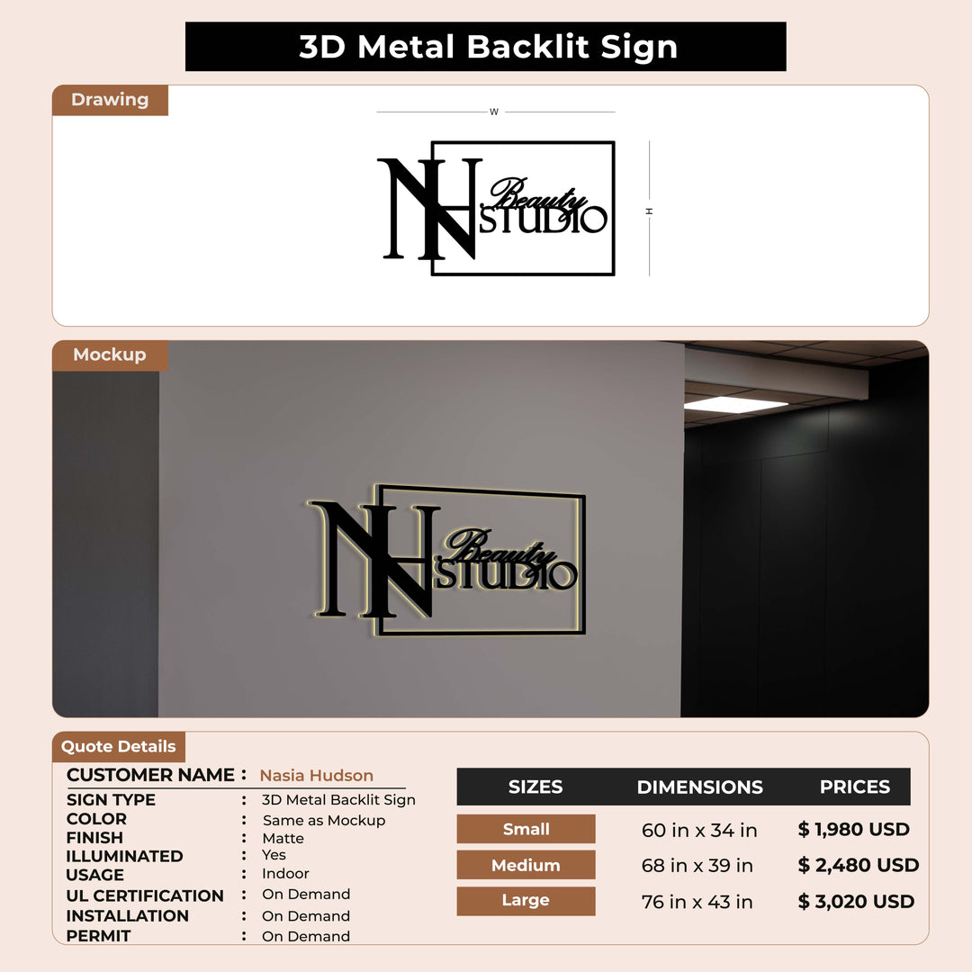 3D Metal Backlit Sign for Nasia Hudson