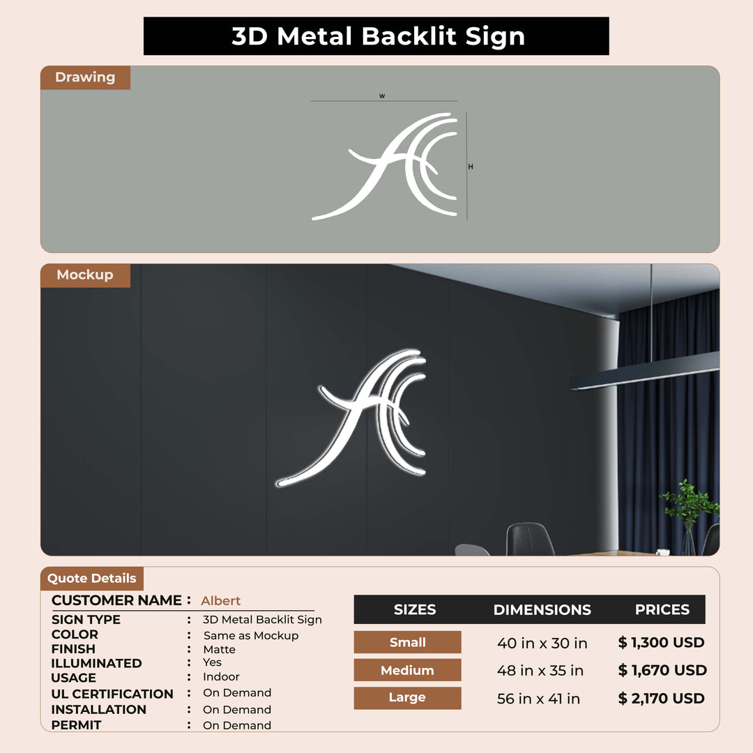 3D Metal Backlit Sign for Albert