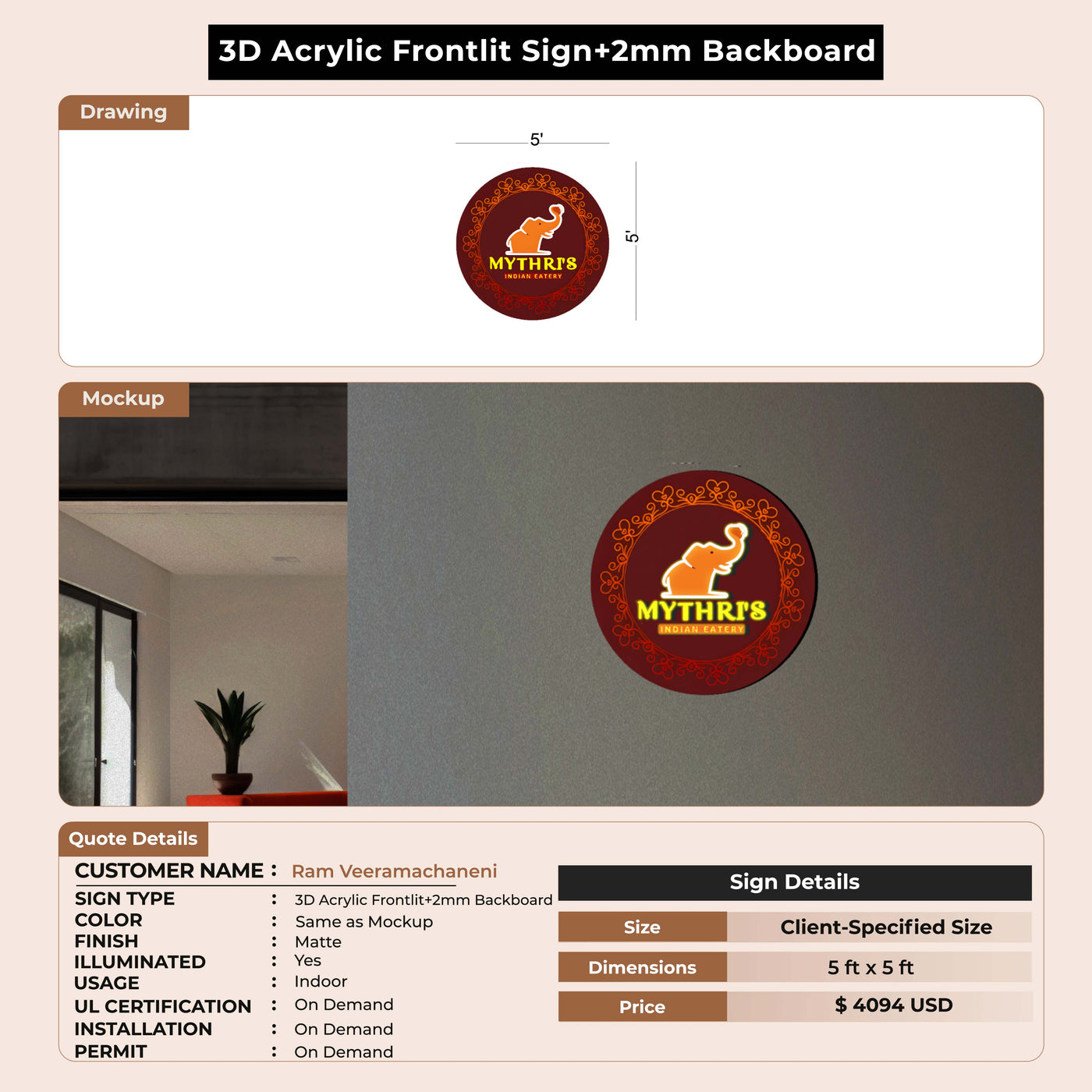 3d Acryliic frontlit +2mm Backboard sign for Ram Veeramachaneni