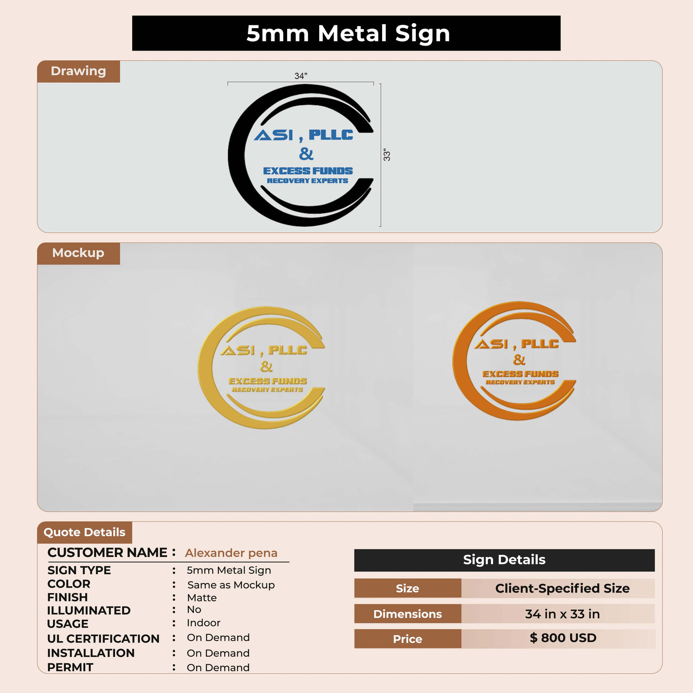 5MM metal Letter Sign for Alexander pena