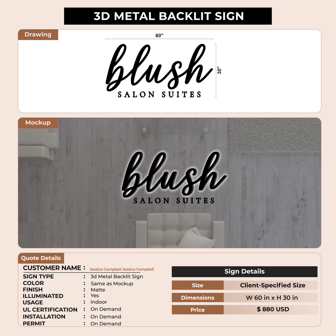 3D Metal Backlit Sign for Jessica Campbell