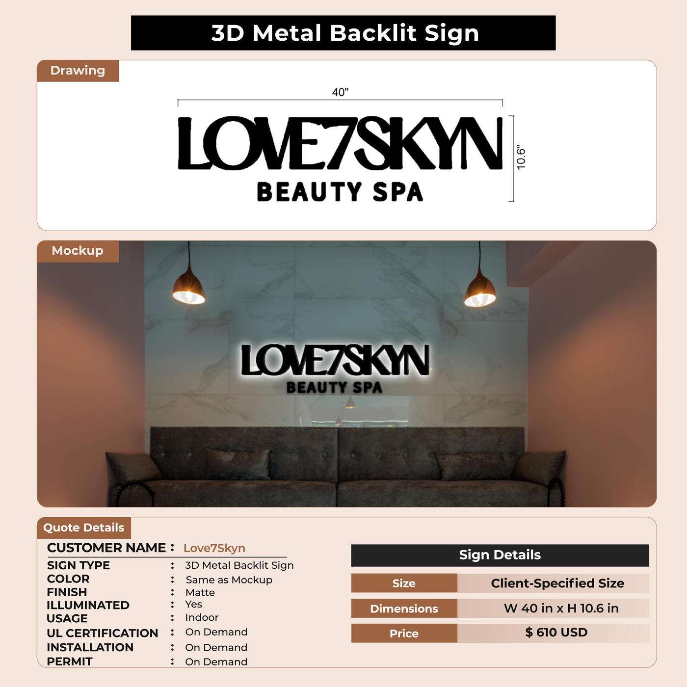 3D Metal Backlit Sign for Love7Skyn