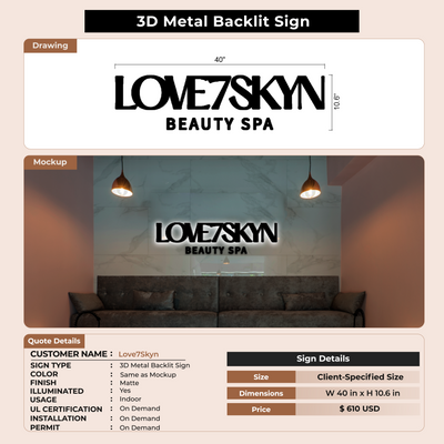 3D Metal Backlit Sign for Love7Skyn