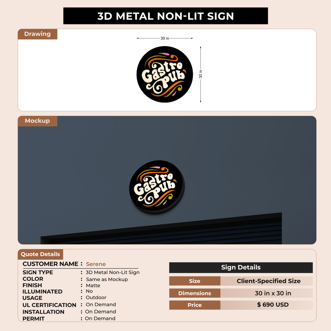 3D Metal Non-lit SIgn For Serene