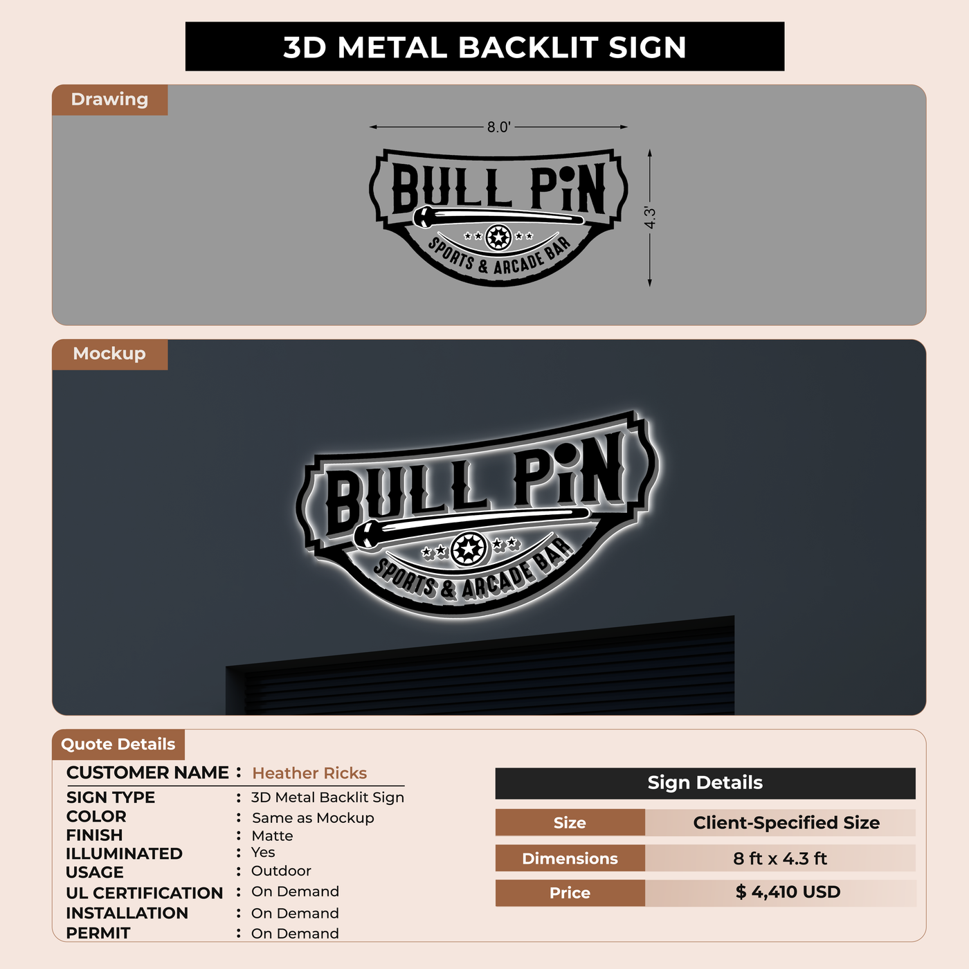 3D Metal Back-lit Sign For Heather Ricks
