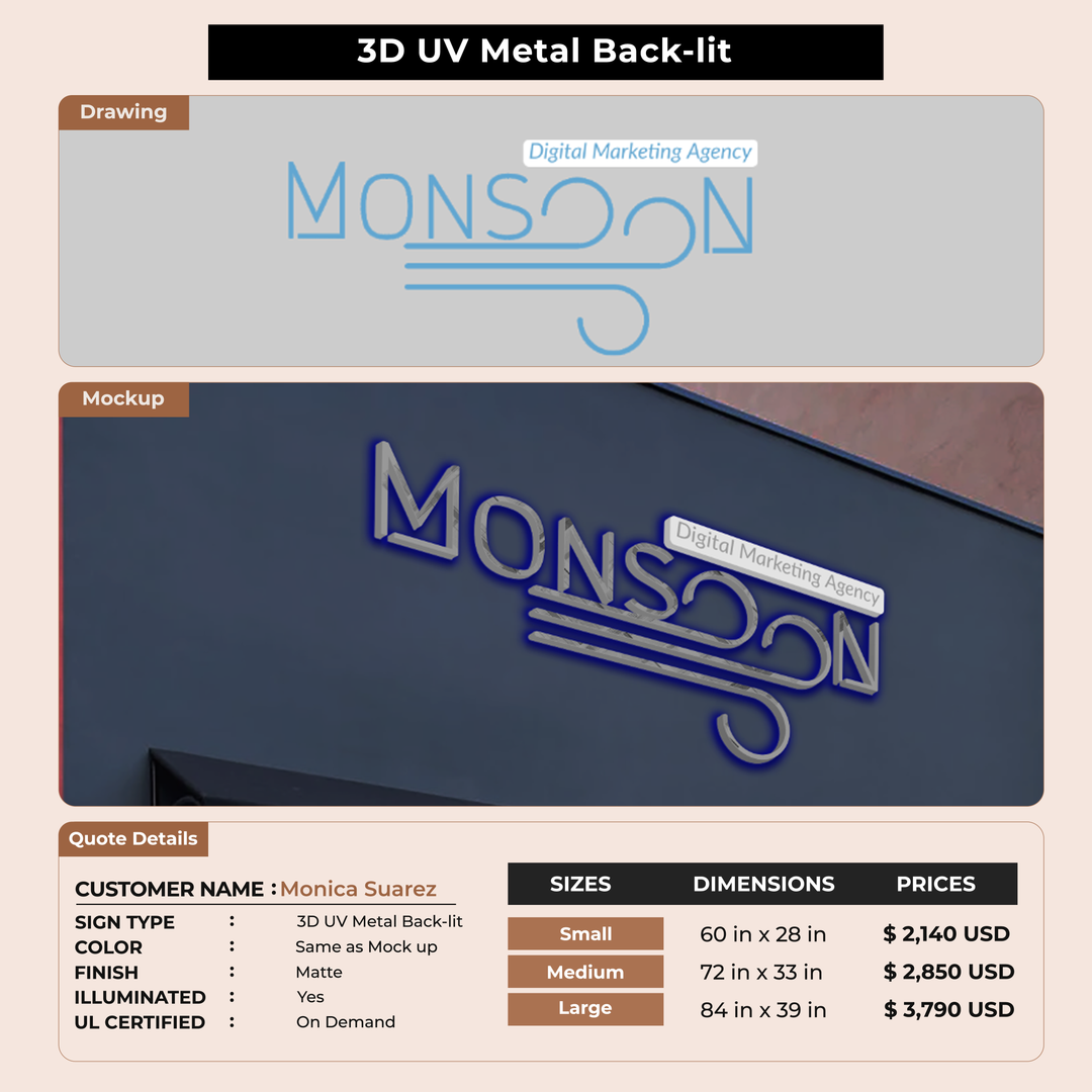 3D UV Metal Back-lit Sign For Monica Suarez