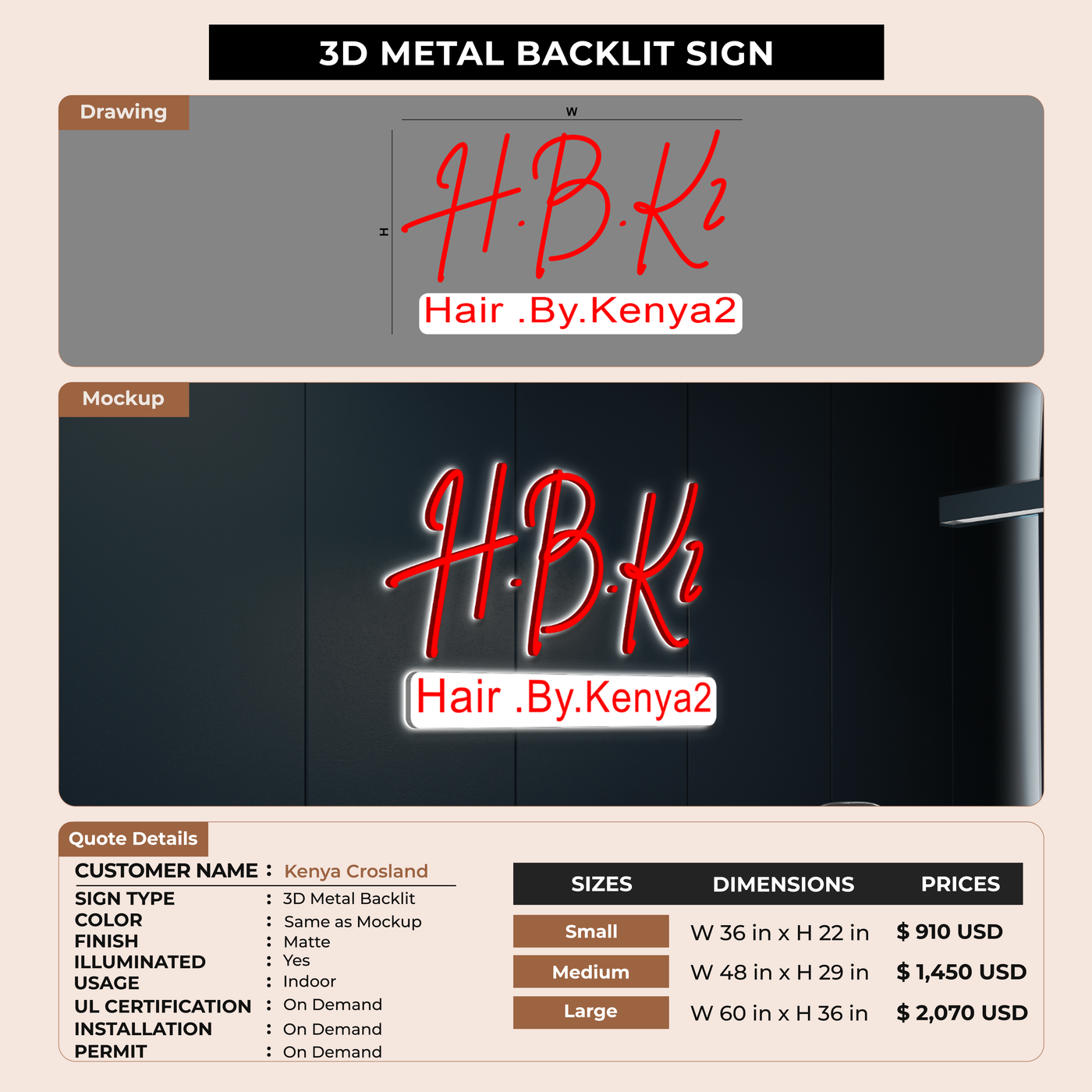 3D Metal Backlit sign for Kenya Crosland
