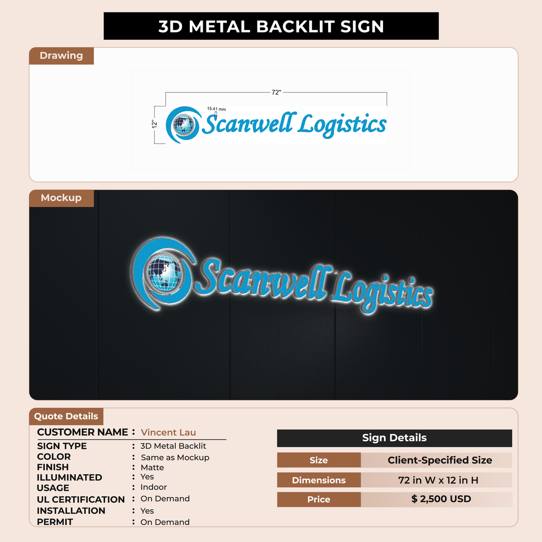 3D Metal Backlit Sign for Vincent Lau