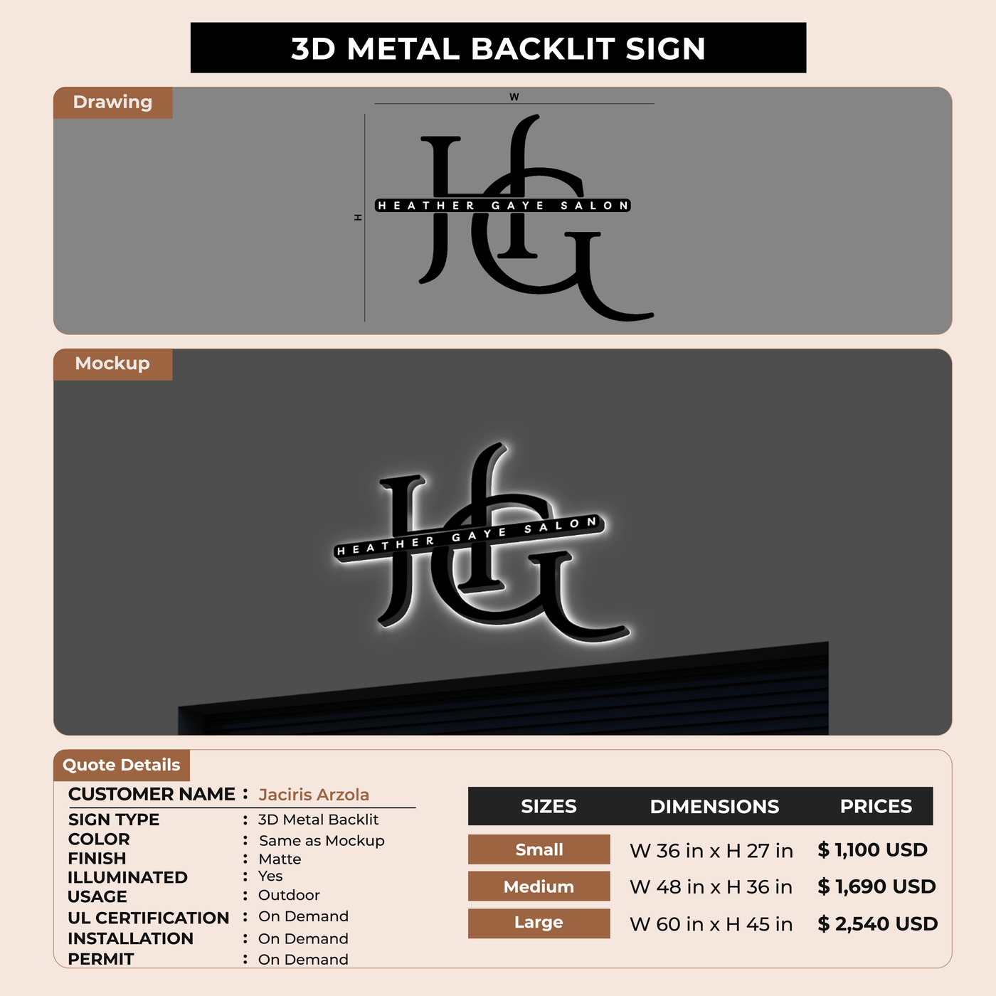 3D Metal Backlit Signage for Jaciris Arzola