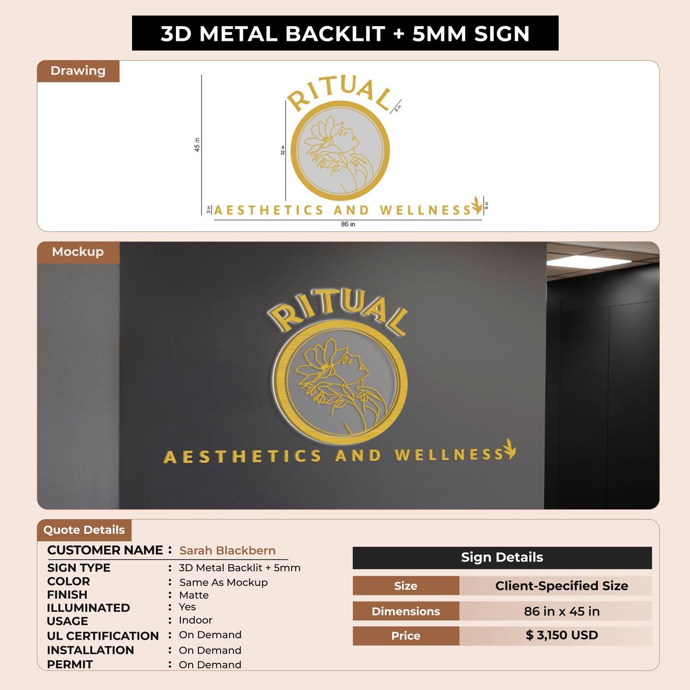 3D Metal Backlit Sign for Sarah Blackbern