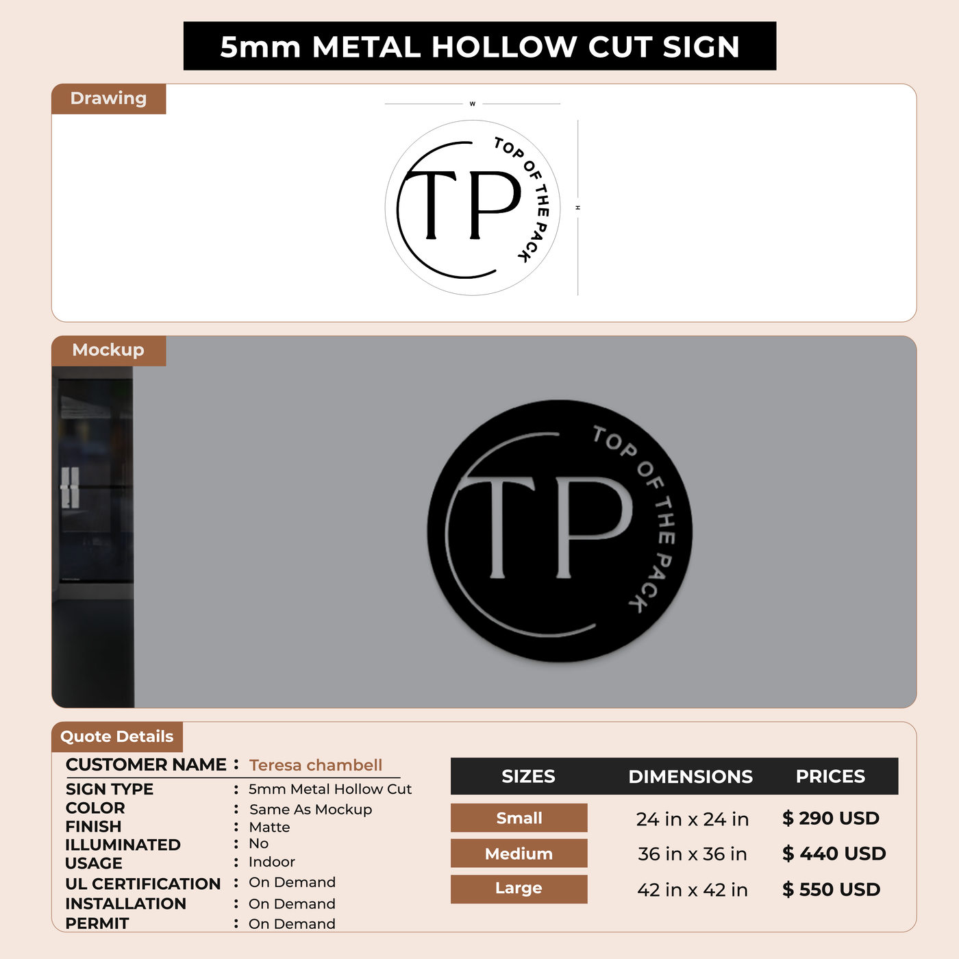 5mm metal hollowcut sign for Teresa chambell