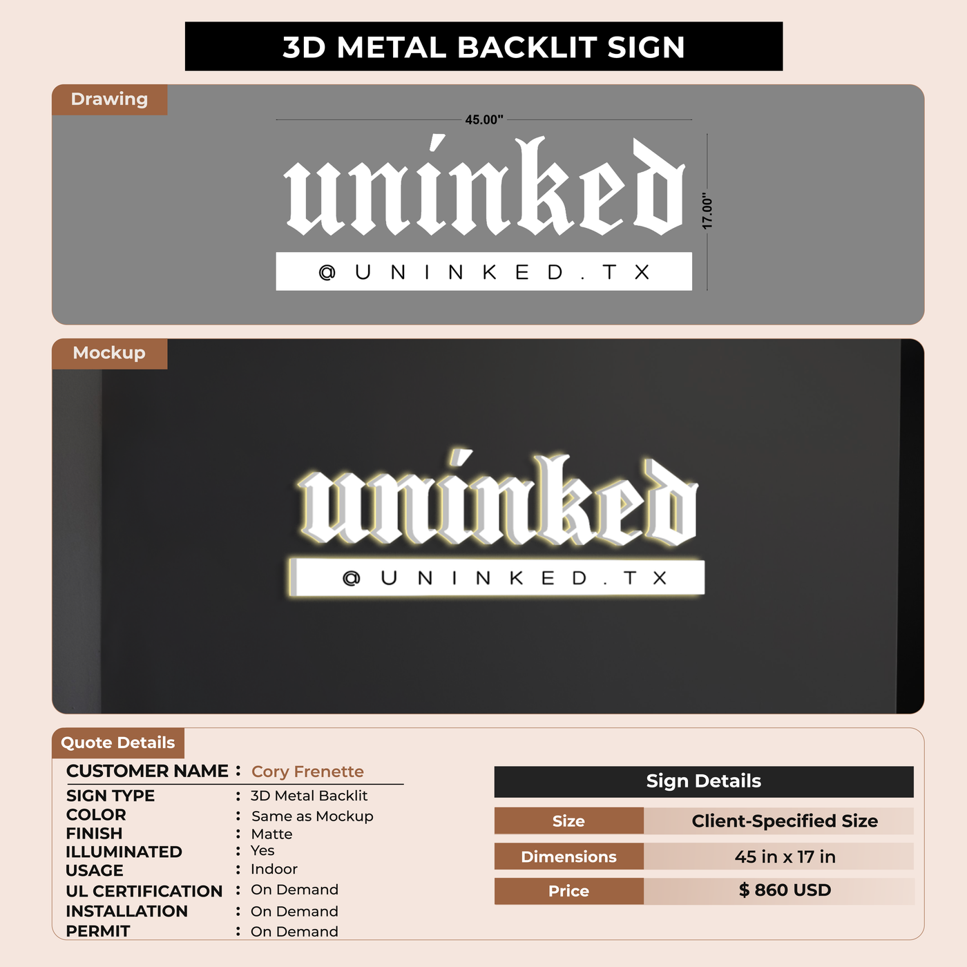3d metal backlit Sign for Cory Frenette