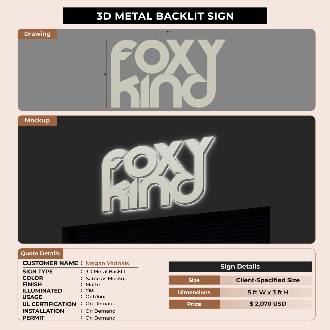 3D Metal Backlit Sign for Megan Vadnais