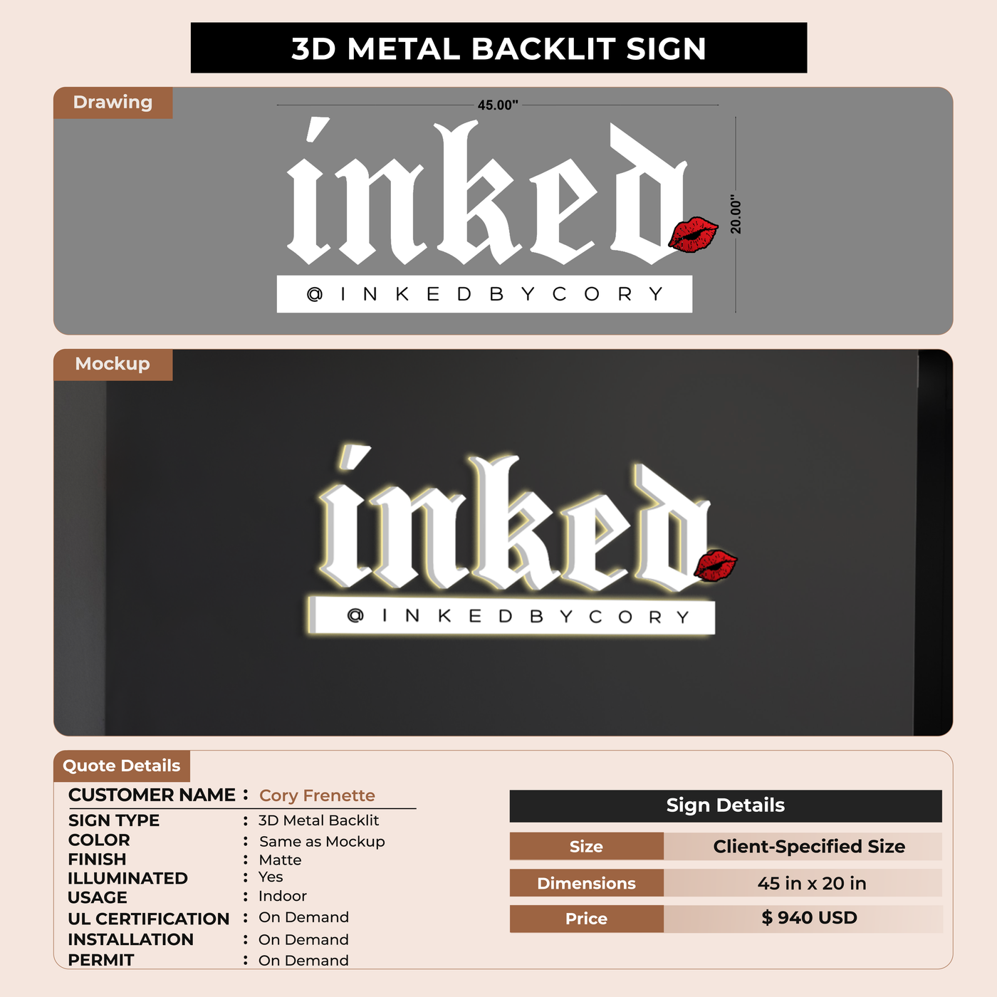 3d metal backlit Sign for Cory Frenette