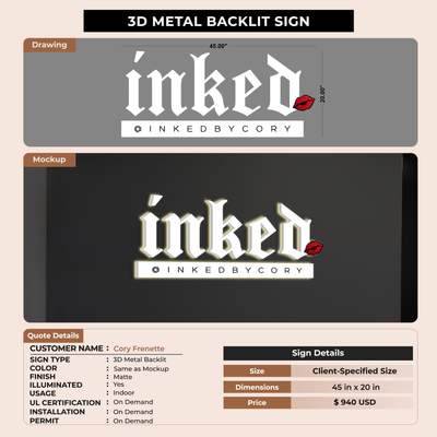 3d metal backlit Sign for Cory Frenette